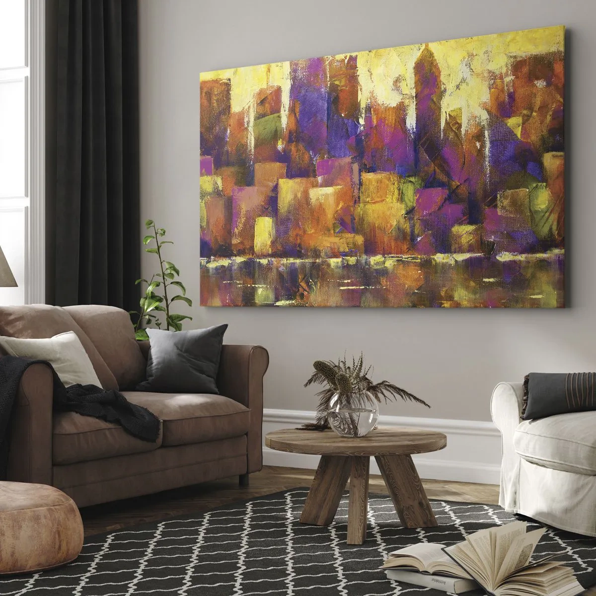 Bild auf Leinwand - Leinwandbild - Abstrakte Komposition einer Metropole in Gelb- und Lilatönen - 120x80cm - Metropolitische Komposition - Moderne Wanddekoration für Wohnzimmer und Schlafzimmer ARTTOR