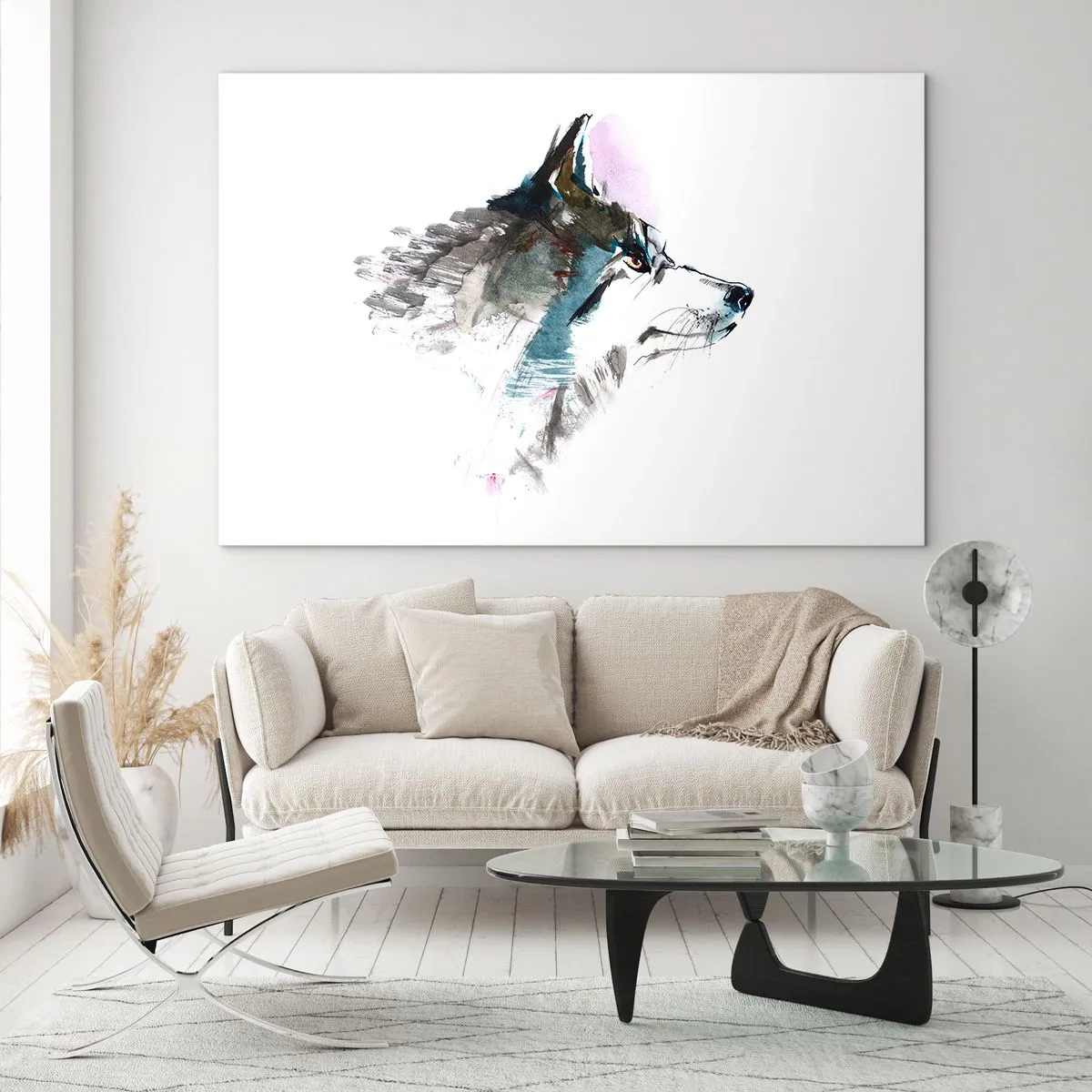 Glasbild - Bild auf glas - Wolf im künstlerischen Aquarellstil auf weißem Hintergrund - 120x80cm - Vom Teufel sprechen - Moderne Wanddekoration für Wohnzimmer und Schlafzimmer ARTTOR