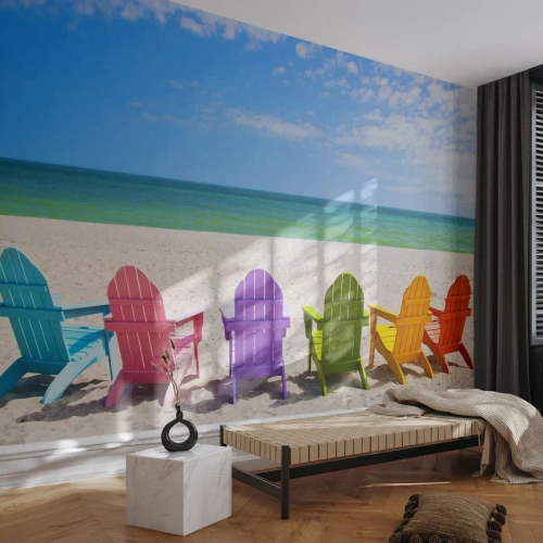 Selbstklebende Fototapete Deluxe Sticker - Regenbogenstrand - Landschaft, Strand, Liegestühle - 300x210 cm