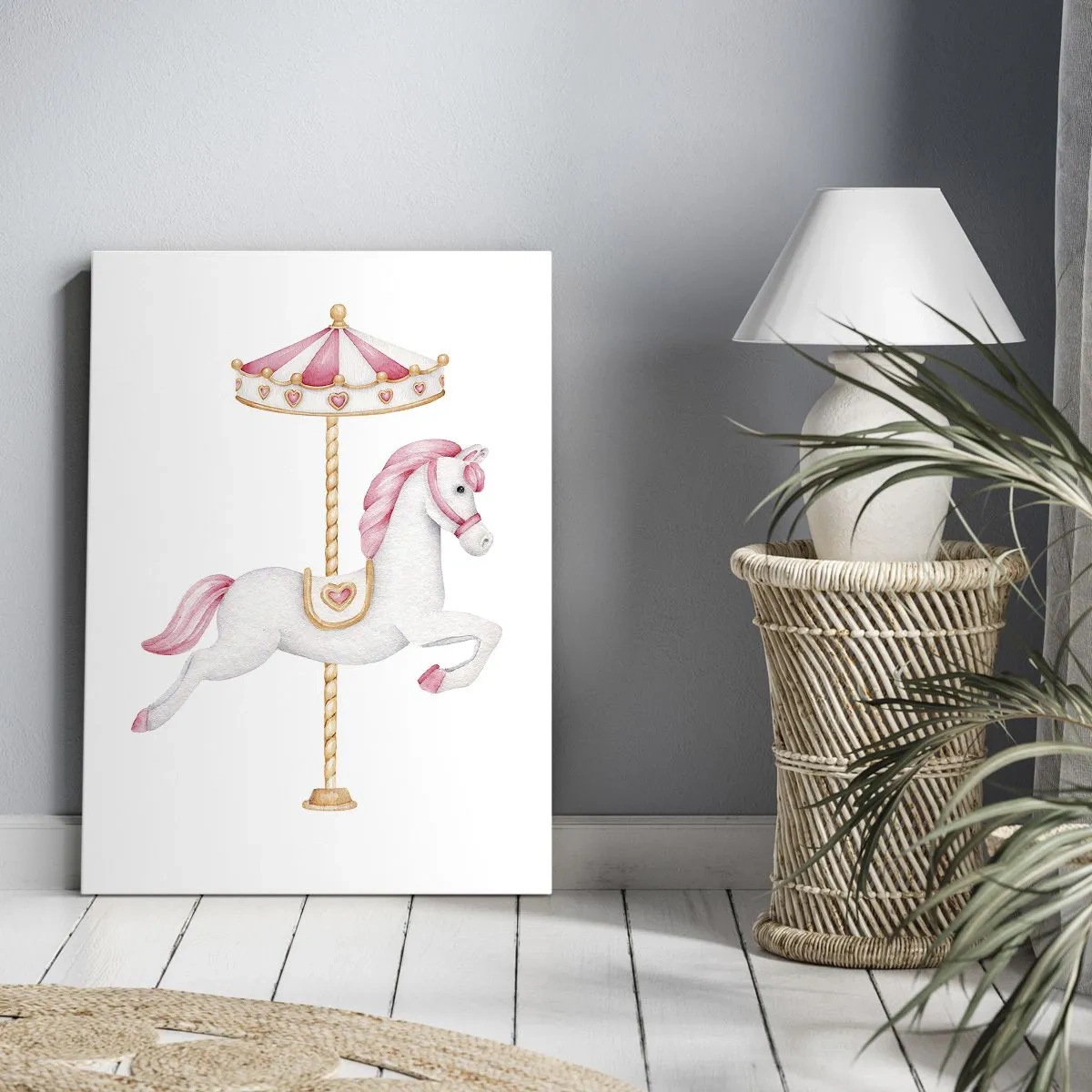 Bild auf Leinwand - Leinwandbild - Ein Karussellpferd in Pastelltönen von Rosa - 50x70cm - Er legte los - Moderne Wanddekoration für Wohnzimmer und Schlafzimmer ARTTOR
