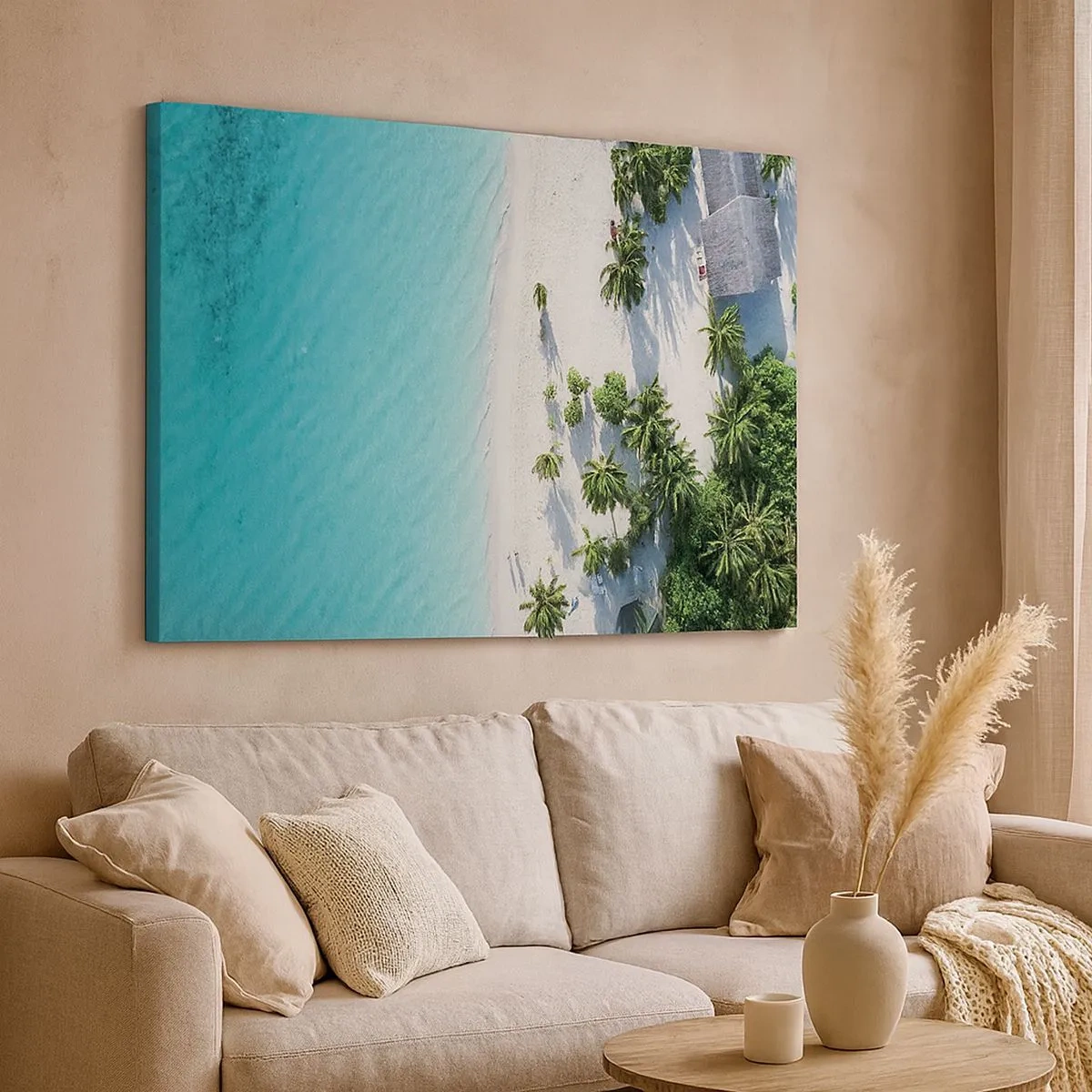 Bild auf Leinwand - Leinwandbild - Eine Vogelperspektive auf einen tropischen Strand mit türkisfarbenem Wasser und Palmen - 70x50cm - Urlaub im Paradies - Moderne Wanddekoration für Wohnzimmer und Schlafzimmer ARTTOR
