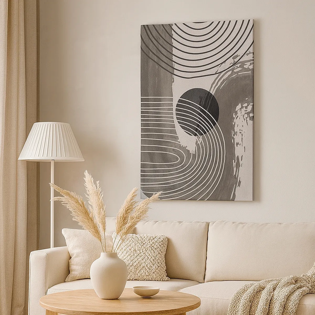 Bild auf Leinwand - Leinwandbild - Geometrische Linien und Ovale in monochromen Farbtönen - 50x70cm - Oval gewinnt - Moderne Wanddekoration für Wohnzimmer und Schlafzimmer ARTTOR