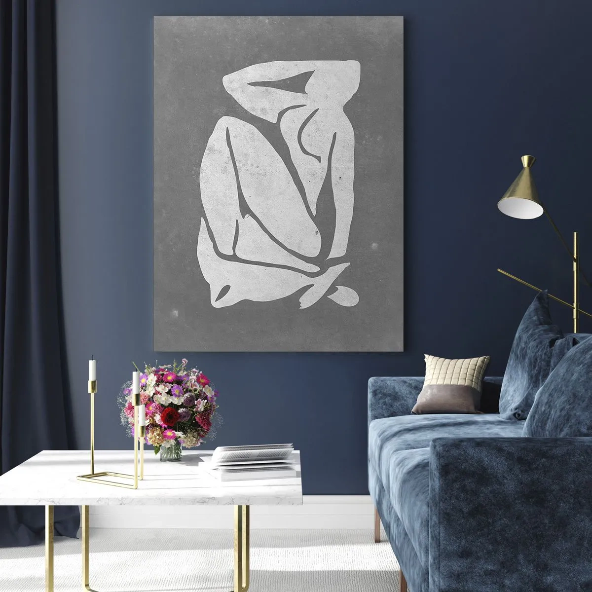 Glasbild - Bild auf glas - Eine minimalistische Silhouettenzeichnung auf grauem Hintergrund - 70x100cm - In Gedanken versunken - Moderne Wanddekoration für Wohnzimmer und Schlafzimmer ARTTOR