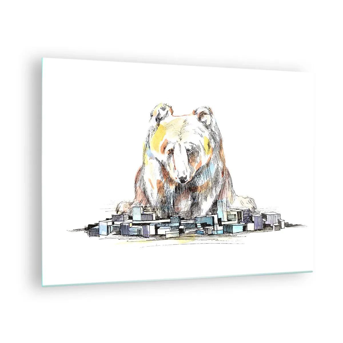 Glasbild - Bild auf glas - Ein Bär, der in einer künstlerischen Komposition die Stadt betrachtet - 70x50cm - Wie kann man so leben? - Moderne Wanddekoration für Wohnzimmer und Schlafzimmer ARTTOR