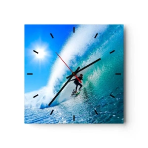 Wanduhr - Glasuhr - Ein Surfer auf einem Brett reitet unter blauem Himmel auf einer starken Welle. - 30x30cm - Durch das große Blau - Moderne Wanddekoration für Wohnzimmer und Schlafzimmer ARTTOR