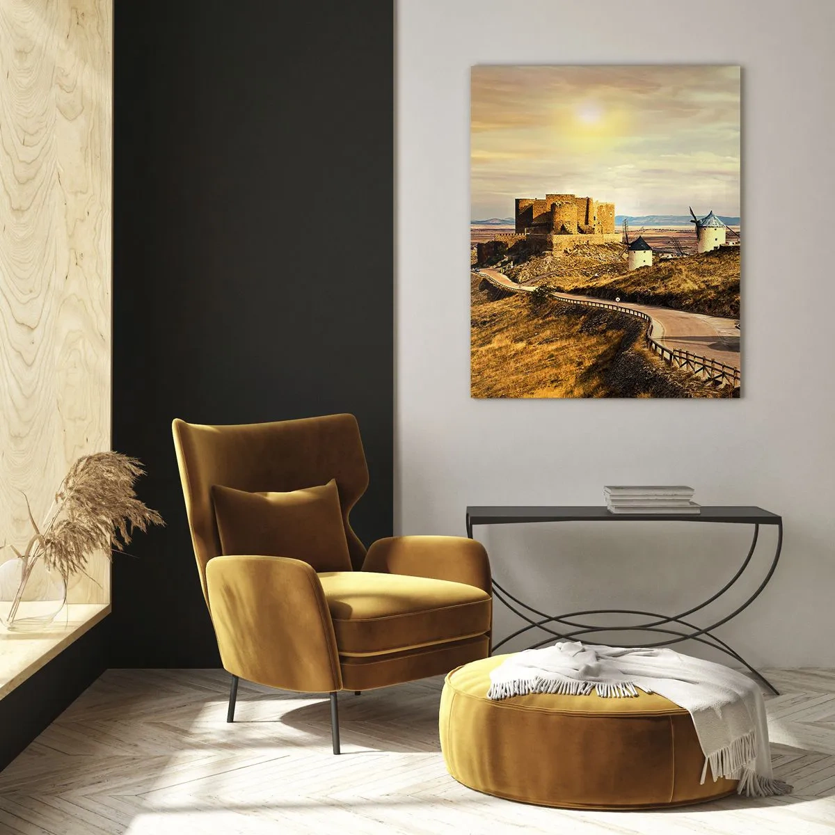 Glasbild - Bild auf glas - Windmühlen auf den Hügeln mit einer historischen Burg im Hintergrund - 70x100cm - Don Quijote kommt gleich - Moderne Wanddekoration für Wohnzimmer und Schlafzimmer ARTTOR