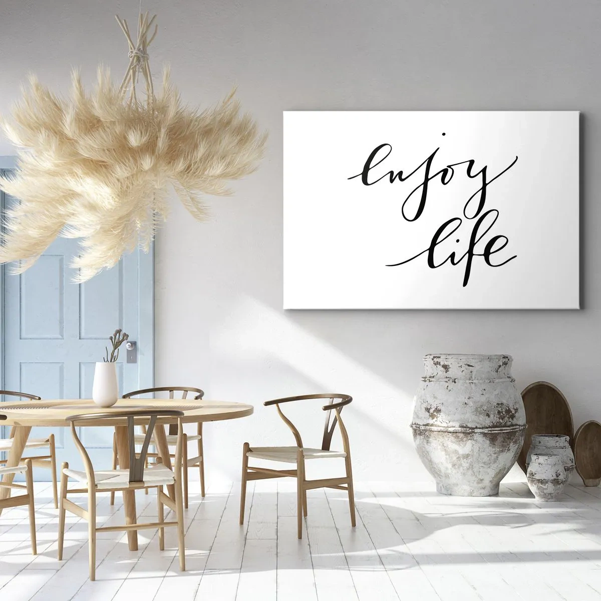 Bild auf Leinwand - Leinwandbild - Das Zitat „Genieße das Leben“ in schwarzer Kalligrafie auf weißem Hintergrund - 70x50cm - Nichts hinzufügen… - Moderne Wanddekoration für Wohnzimmer und Schlafzimmer ARTTOR
