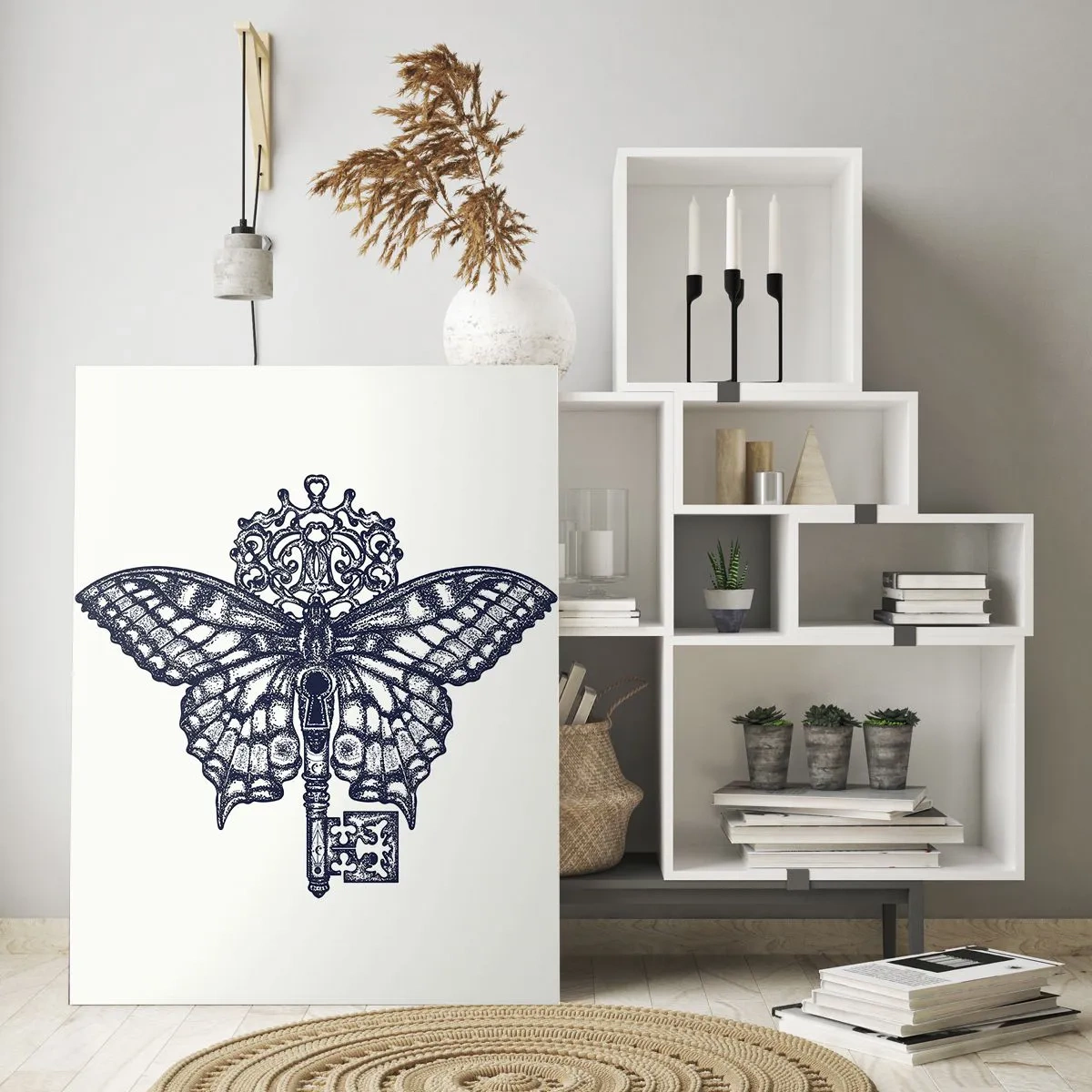 Glasbild - Bild auf glas - Stilvolle Schmetterlings- und Schlüsselgrafik im minimalistischen Stil - 70x100cm - Alle Geheimnisse des Herzens - Moderne Wanddekoration für Wohnzimmer und Schlafzimmer ARTTOR