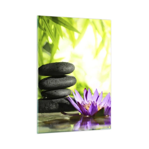 Glasbild - Bild auf glas - Lila Lotusblüte mit Zen-Steinen auf grünem Hintergrund - 50x70cm - In einem Bambusbusch - Moderne Wanddekoration für Wohnzimmer und Schlafzimmer ARTTOR