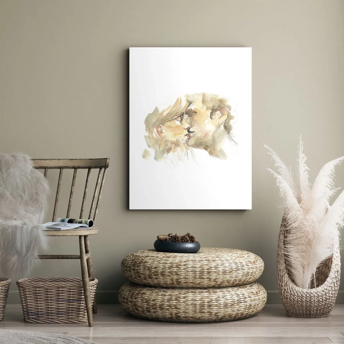 Bild auf Leinwand - Leinwandbild - Romantisches Aquarellporträt eines sich küssenden Paares - 70x100cm - Hälfte gefunden? - Moderne Wanddekoration für Wohnzimmer und Schlafzimmer ARTTOR