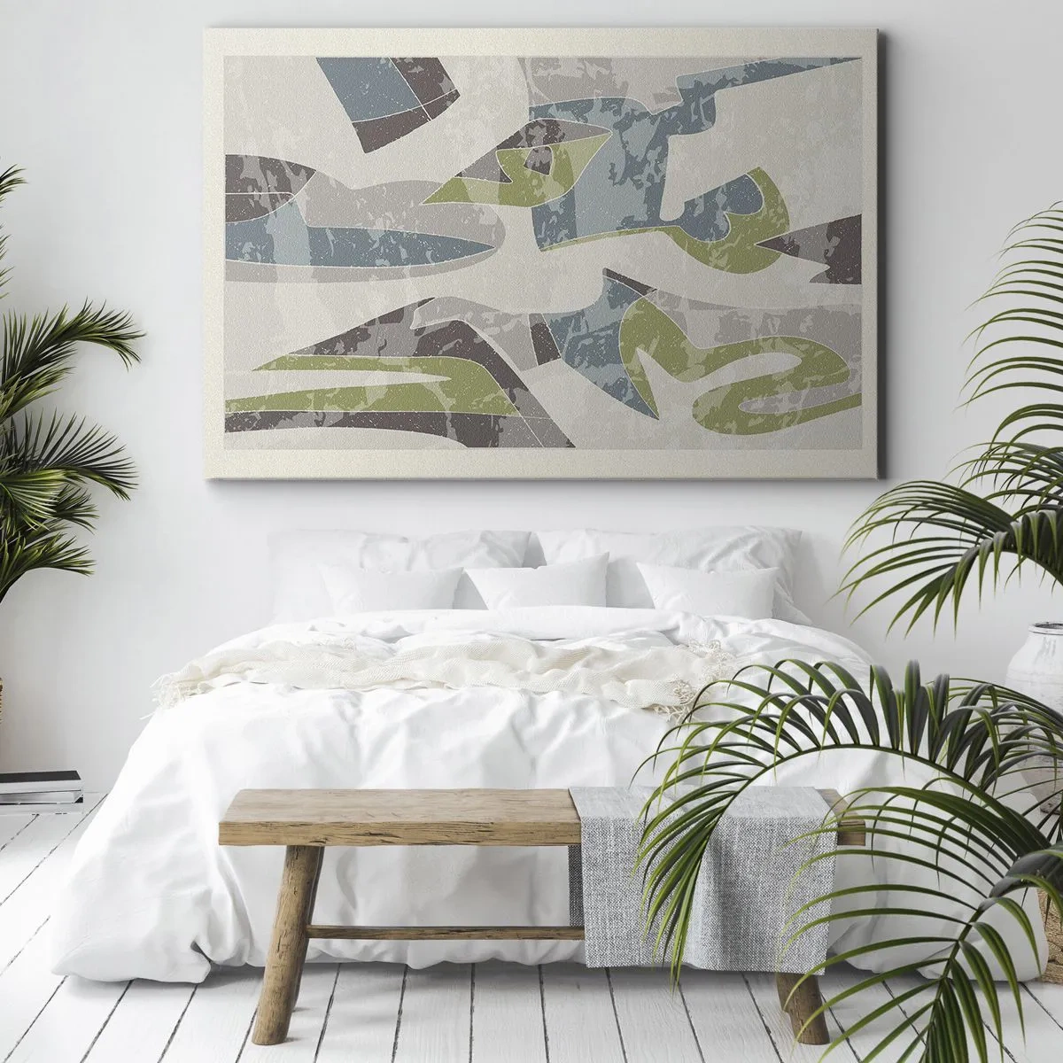 Bild auf Leinwand - Leinwandbild - Abstrakte Formen in Grün und Blau auf hellem Hintergrund - 70x50cm - Komposition hinter dem Glas - Moderne Wanddekoration für Wohnzimmer und Schlafzimmer ARTTOR