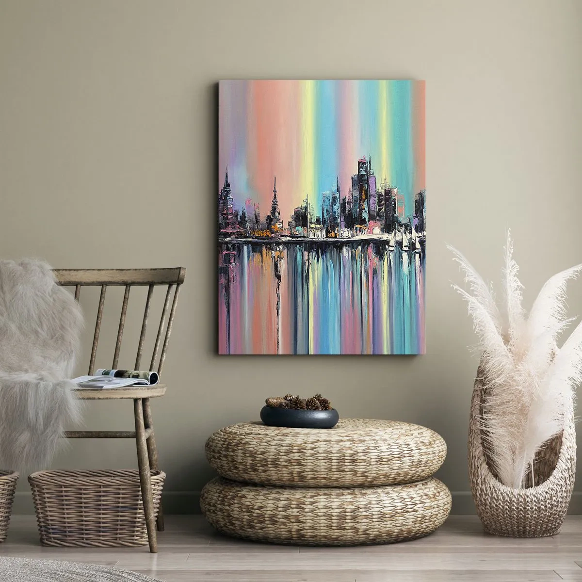 Bild auf Leinwand - Leinwandbild - Buntes Stadtbild mit Spiegelung auf dem Wasser - 70x100cm - Um das Licht der Nacht herunterzufallen - Moderne Wanddekoration für Wohnzimmer und Schlafzimmer ARTTOR