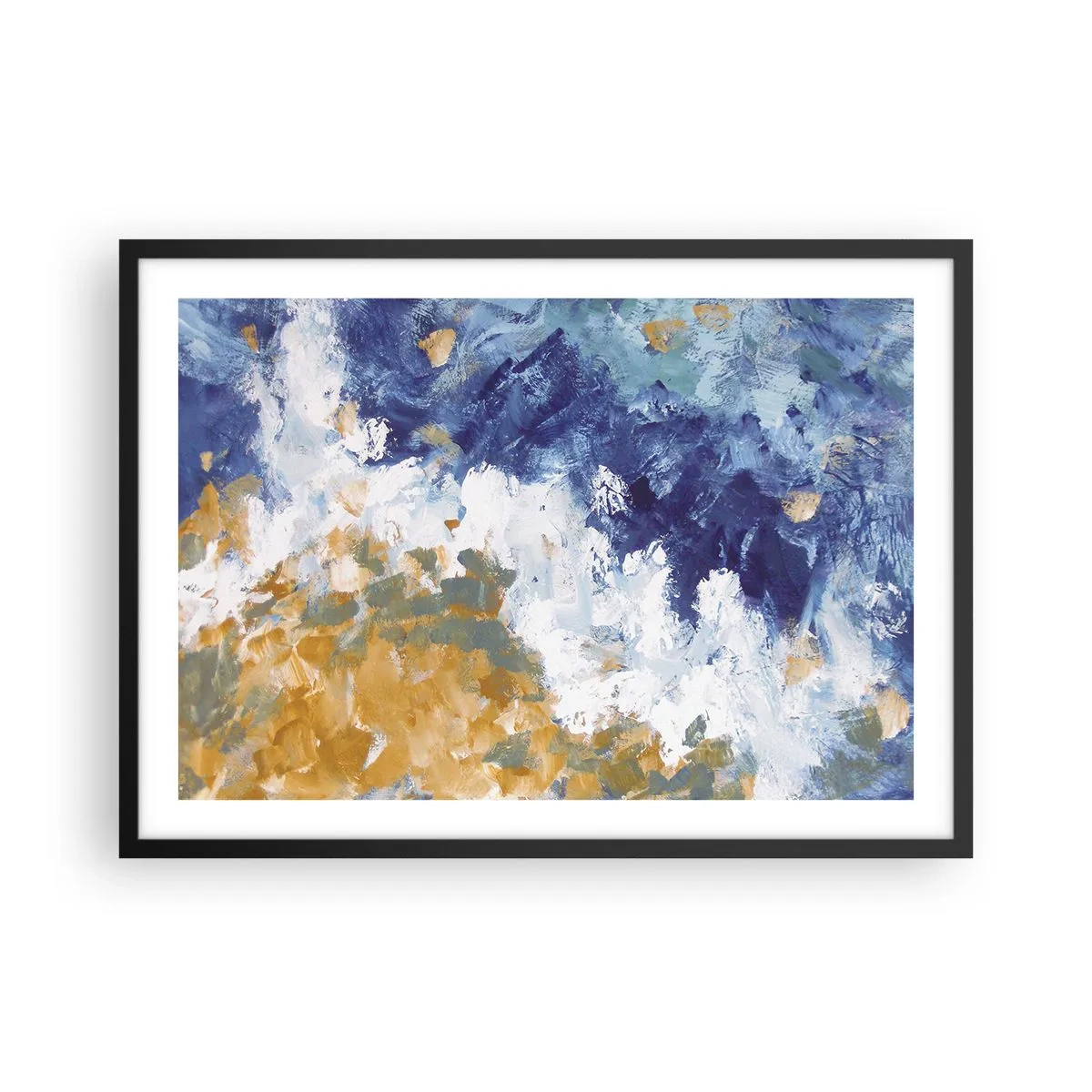 Poster in einem schwarzem Rahmen - Abstraktion in Blau-, Weiß- und Goldtönen - 70x50cm - Tanz der Naturelemente - Moderne Wanddekoration für Wohnzimmer und Schlafzimmer ARTTOR