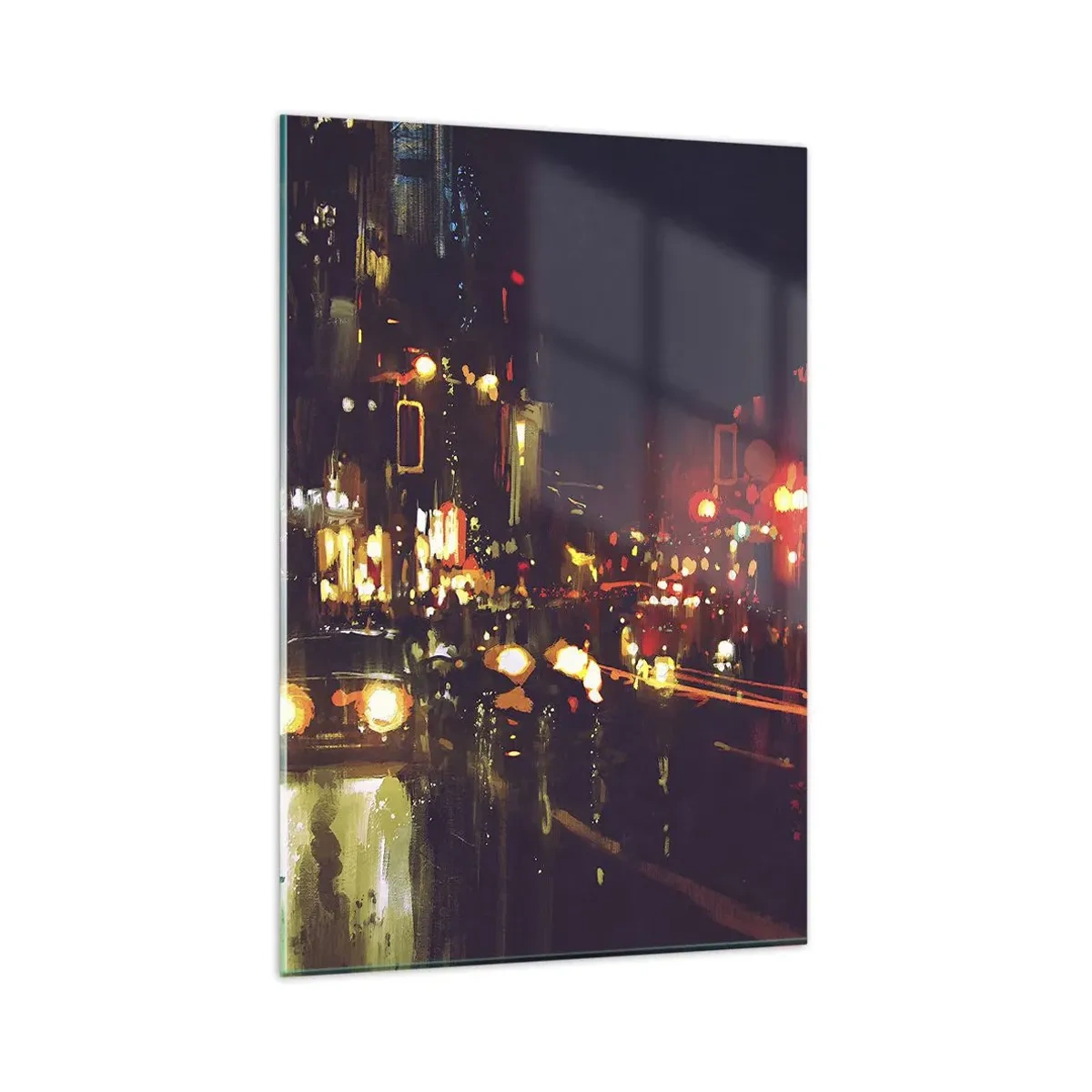 Glasbild - Bild auf glas - Nachtszene in der Stadt mit bunten Lichtern und Straßenreflexionen - 80x120cm - Eingetaucht in die Lichter der Nacht - Moderne Wanddekoration für Wohnzimmer und Schlafzimmer ARTTOR