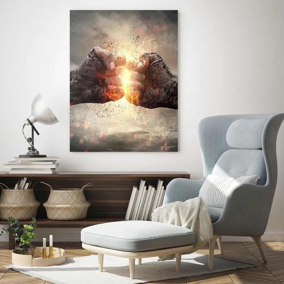 Glasbild - Bild auf glas - Geballte Fäuste in einer dynamischen Brandszene - 80x120cm - Steh auf für einen Kampf - Moderne Wanddekoration für Wohnzimmer und Schlafzimmer ARTTOR