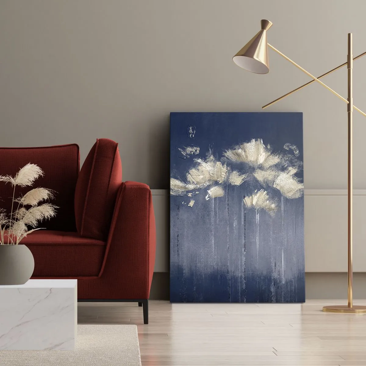 Bild auf Leinwand - Leinwandbild - Zarte Blüten auf blauem Hintergrund - 70x100cm - Wie Blütenblätter im Wind - Moderne Wanddekoration für Wohnzimmer und Schlafzimmer ARTTOR