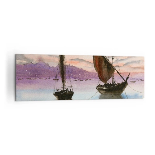 Bild auf Leinwand - Leinwandbild - Zwei Segelschiffe liegen in der Abenddämmerung auf ruhigem Wasser vor Anker - 160x50cm - Abend am Hafen - Moderne Wanddekoration für Wohnzimmer und Schlafzimmer ARTTOR