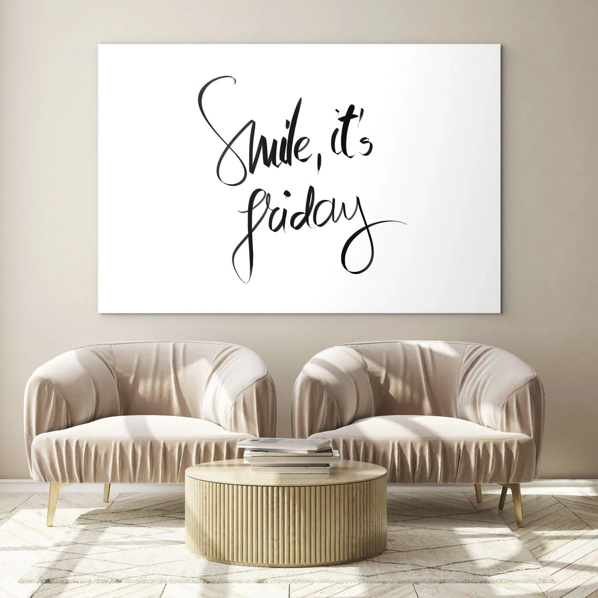 Glasbild - Bild auf glas - Lächeln, es ist Freitag Zitat in Kalligraphie - 100x70cm - Echte Freude - Moderne Wanddekoration für Wohnzimmer und Schlafzimmer ARTTOR