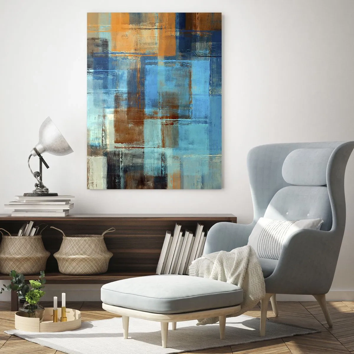 Glasbild - Bild auf glas - Abstrakte geometrische Komposition in Blau- und Brauntönen - 70x100cm - Durch den blauen Schleier - Moderne Wanddekoration für Wohnzimmer und Schlafzimmer ARTTOR