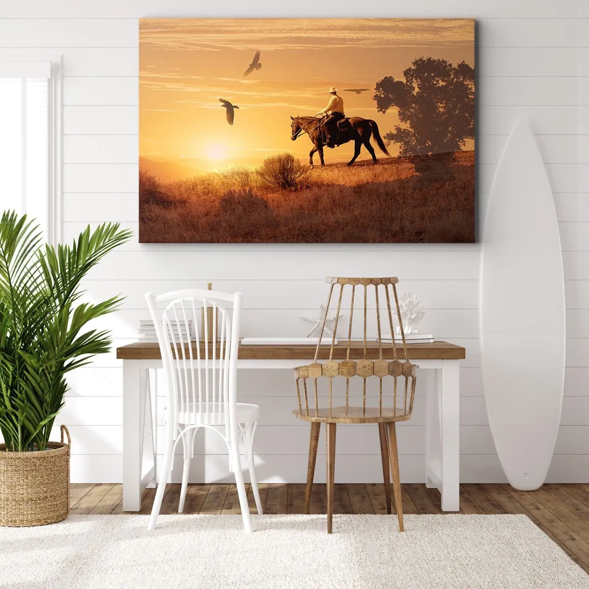 Bild auf Leinwand - Leinwandbild - Ein Reiter auf einem Pferd bei Sonnenuntergang vor der Prärie - 70x50cm - Allein durch die Prärie - Moderne Wanddekoration für Wohnzimmer und Schlafzimmer ARTTOR