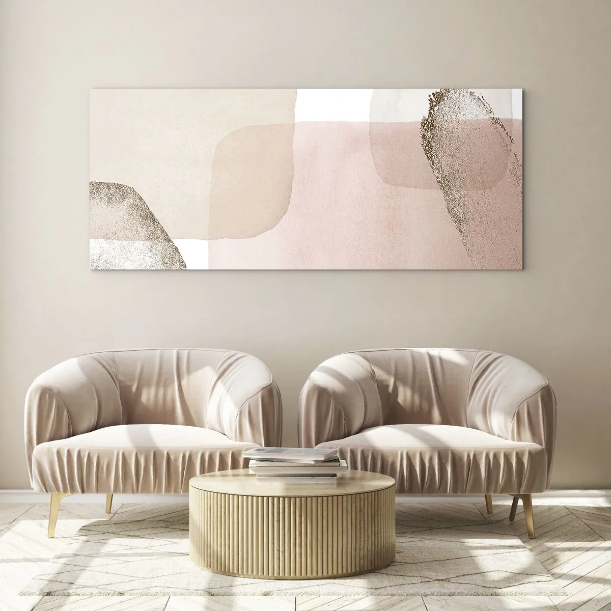 Glasbild - Bild auf glas - Pastellfarbene Flecken mit goldenen Elementen - 140x50cm - Ein Blick durch die Farbe - Moderne Wanddekoration für Wohnzimmer und Schlafzimmer ARTTOR