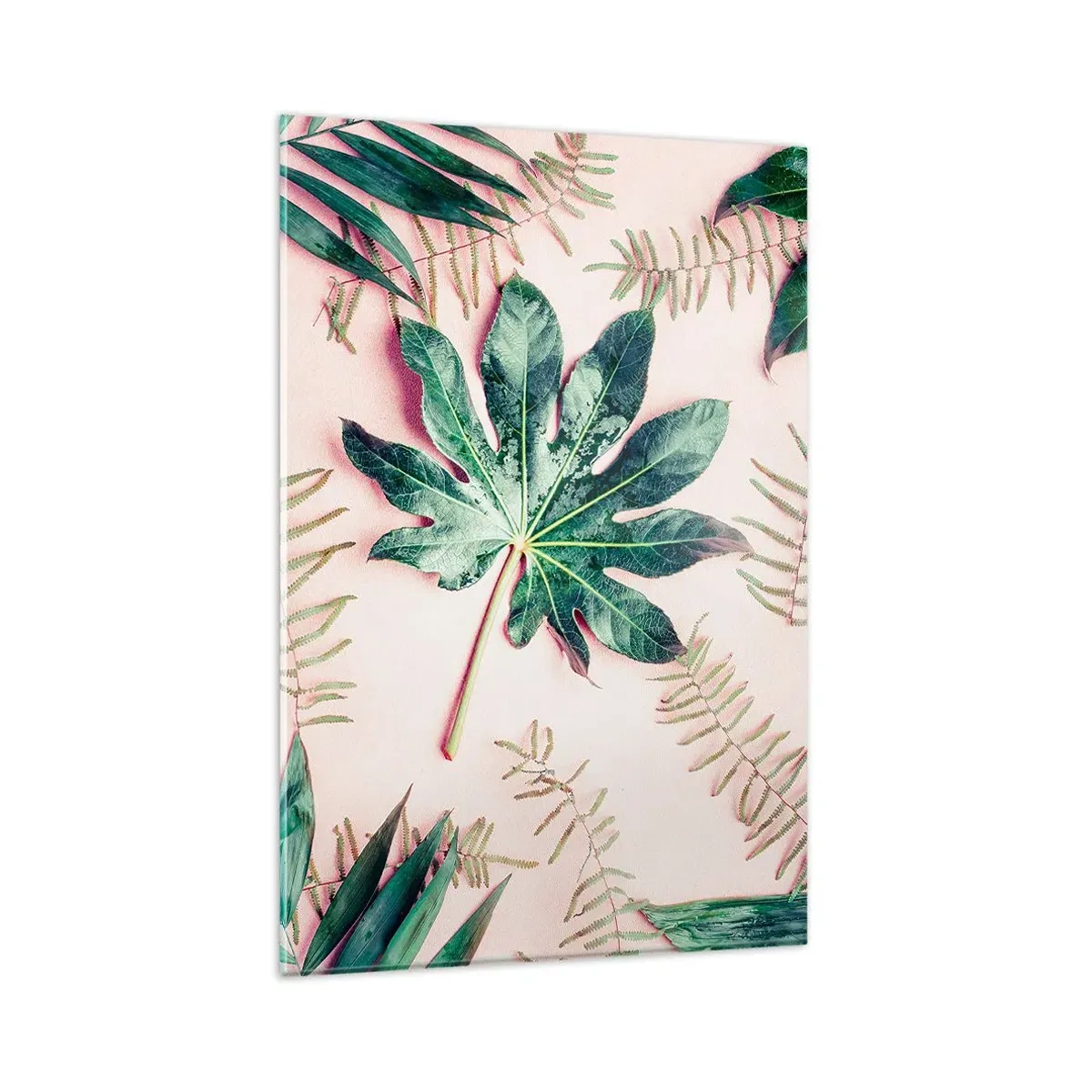 Glasbild - Bild auf glas - Tropische Blätter auf hellem Pastellhintergrund - 80x120cm - Eine Studie von Grün auf einem rosa Hintergrund - Moderne Wanddekoration für Wohnzimmer und Schlafzimmer ARTTOR