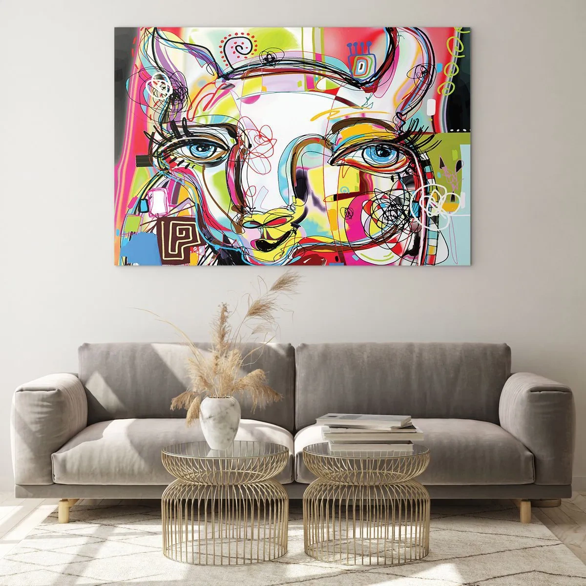 Glasbild - Bild auf glas - Abstraktes Bild eines Katzengesichts in farbenfrohem künstlerischem Ausdruck - 120x80cm - Der Reichtum des Abiturs der Katze - Moderne Wanddekoration für Wohnzimmer und Schlafzimmer ARTTOR