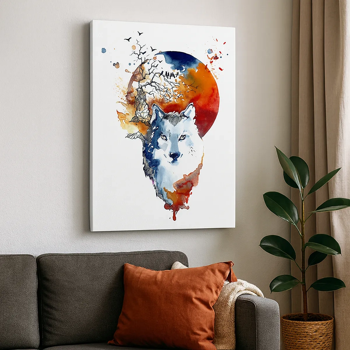 Bild auf Leinwand - Leinwandbild - Abstraktes Aquarell eines Wolfes vor einem roten Mond - 50x70cm - Nase an Nase mit der Nacht - Moderne Wanddekoration für Wohnzimmer und Schlafzimmer ARTTOR