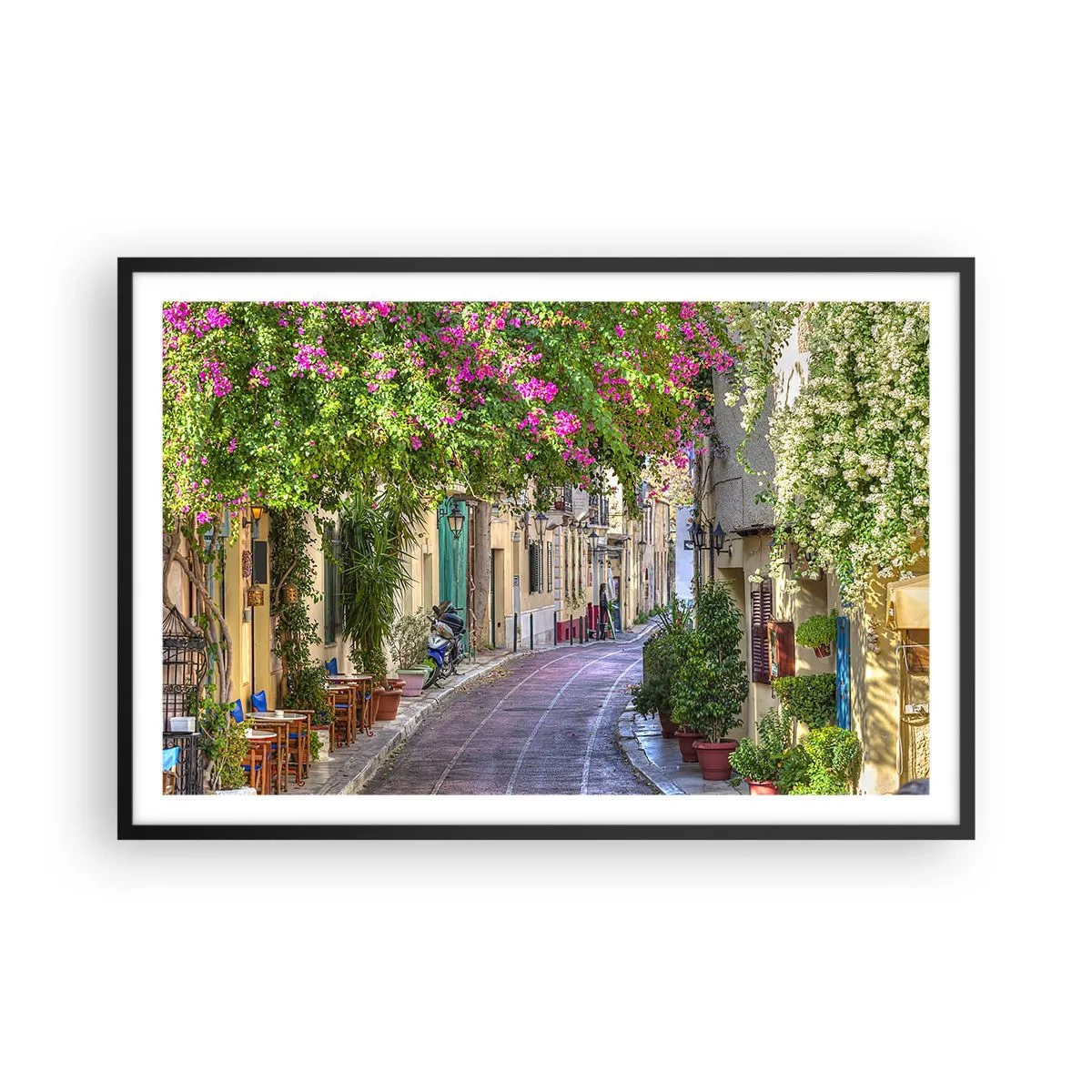 Poster in einem schwarzem Rahmen - Blühende Gasse - 91x61 cm