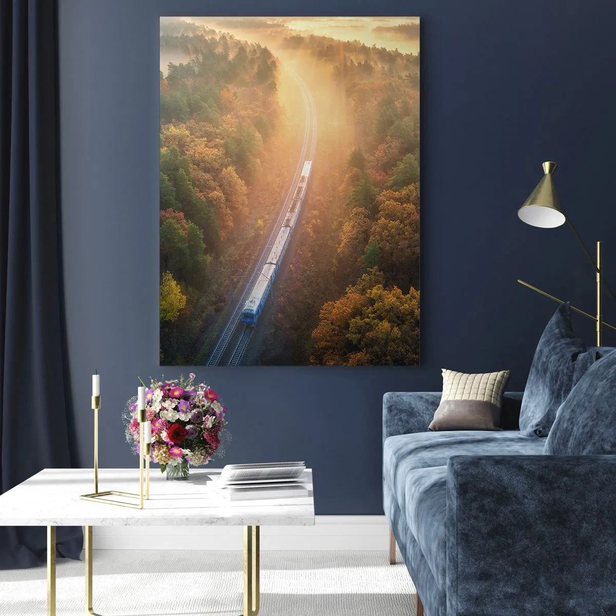Glasbild - Bild auf glas - Ein Zug in einer malerischen Herbstlandschaft, voller Wärme und Nostalgie - 50x70cm - Herbstreise - Moderne Wanddekoration für Wohnzimmer und Schlafzimmer ARTTOR