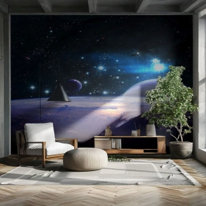Fototapete Premium Sand - Weltraumansicht mit Planeten und Sternen - 100x70cm - Noch allein? - Moderne Wanddekoration für Wohnzimmer und Schlafzimmer ARTTOR