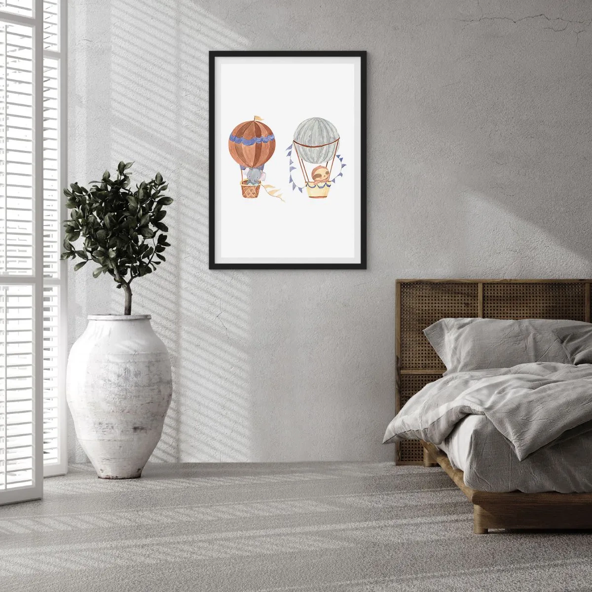 Poster in einem schwarzem Rahmen - Niedliche Tiere in Luftballons auf weißem Hintergrund im Aquarellstil - 50x70cm - Freunde auf Reise - Moderne Wanddekoration für Wohnzimmer und Schlafzimmer ARTTOR