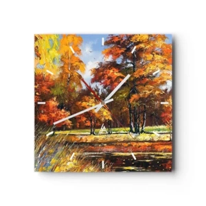Wanduhr - Glasuhr - Herbstlandschaft mit bunten Bäumen und einem Teich - 30x30cm - Landschaft in Gold und Bronze - Moderne Wanddekoration für Wohnzimmer und Schlafzimmer ARTTOR