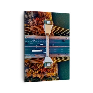 Bild auf Leinwand - Leinwandbild - Luftaufnahme der Brücke über den Fluss und der Herbstlandschaft - 50x70cm - Jenseits der Gewässer, jenseits der Wälder - Moderne Wanddekoration für Wohnzimmer und Schlafzimmer ARTTOR