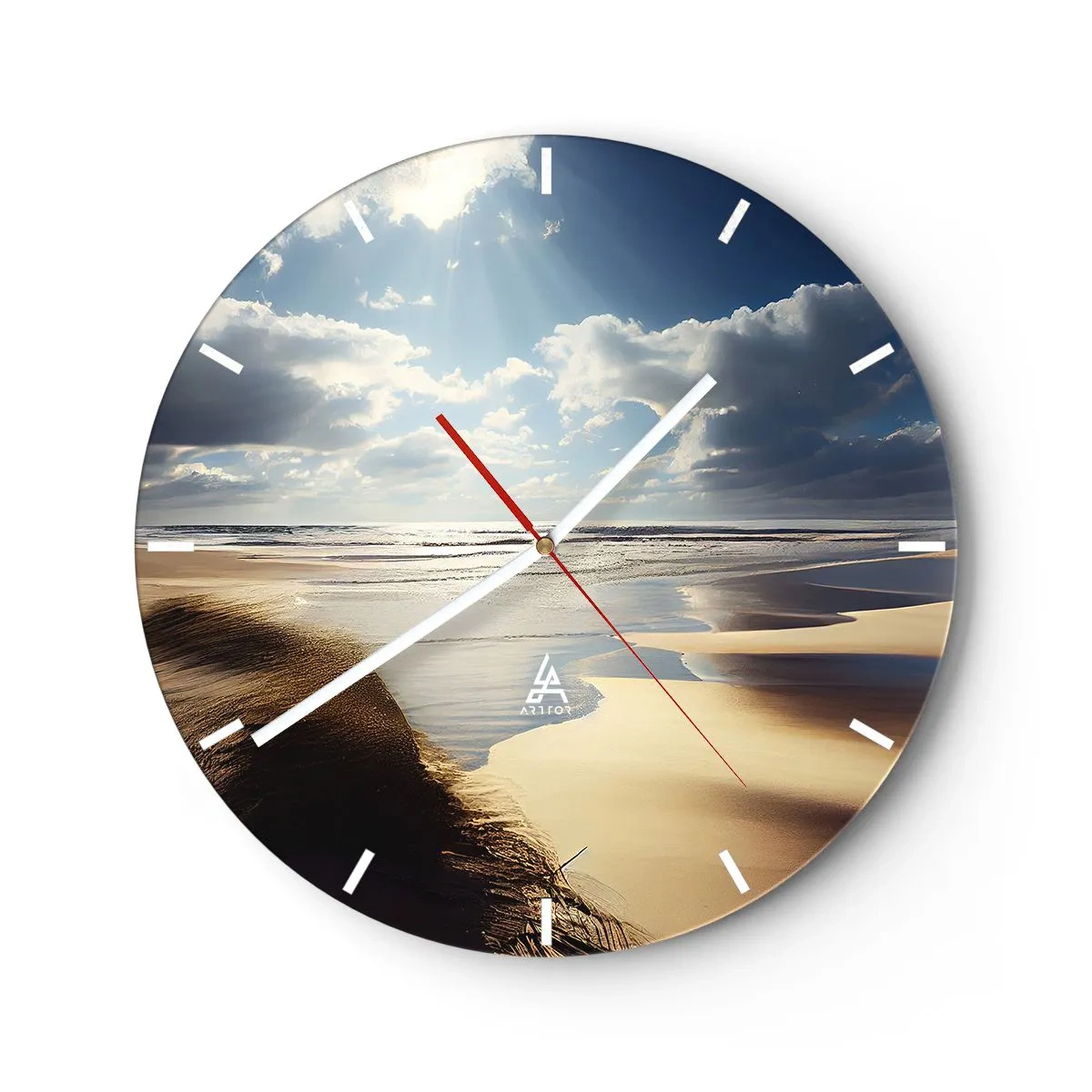 Wanduhr - Glasuhr - Ein wilder Strand mit Dünen, die von Sonnenlicht und Wolken beleuchtet werden - 30x30cm - Strand, wilder Strand - Moderne Wanddekoration für Wohnzimmer, Küche und Schlafzimmer ARTTOR