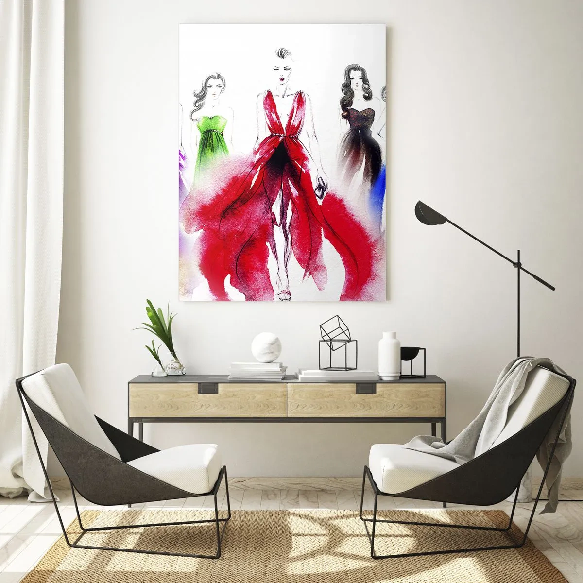 Glasbild - Bild auf glas - Modeillustration mit Models in bunten Kleidern - 80x120cm - Stimmungen für Kostüme - Moderne Wanddekoration für Wohnzimmer und Schlafzimmer ARTTOR