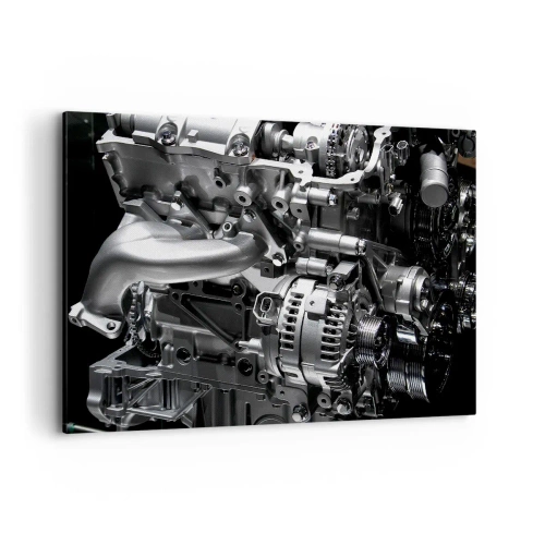Bild auf Leinwand - Leinwandbild - Nahaufnahme von metallischen Motorteilen auf schwarzem Hintergrund - 120x80cm - Stahl, schön, stark - Moderne Wanddekoration für Wohnzimmer und Schlafzimmer ARTTOR
