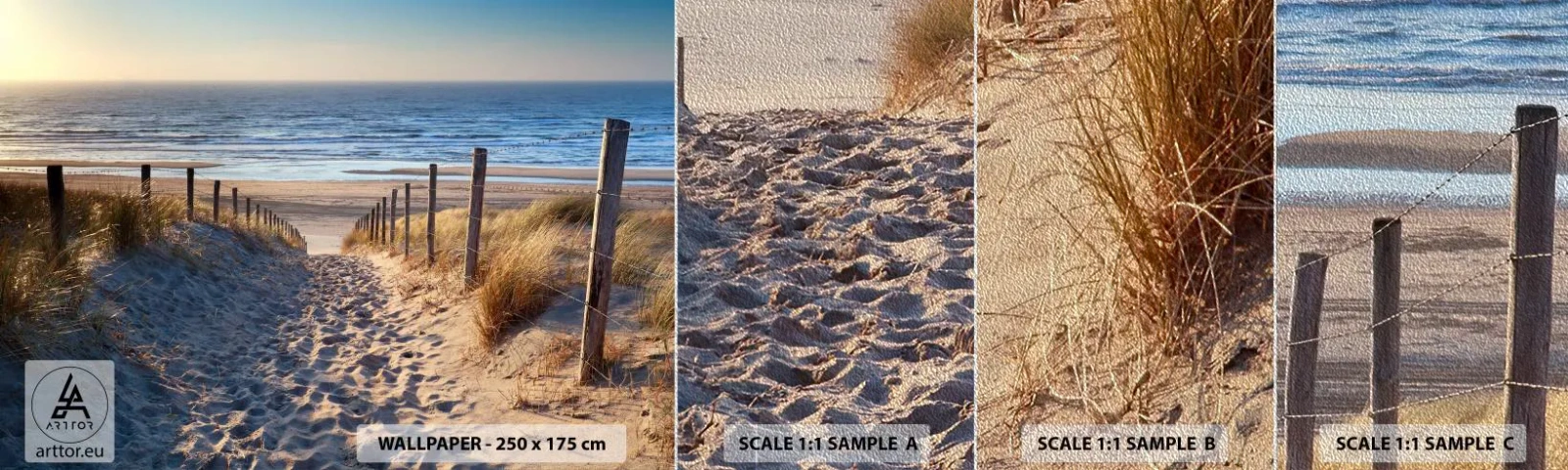 Fototapeten Muster Premium Sand - Das Rauschen des Meeres, der Gesang der Vögel, ein wilder Strand im Gras ... - Landschaft, Strand, Dünen - 100x30 cm