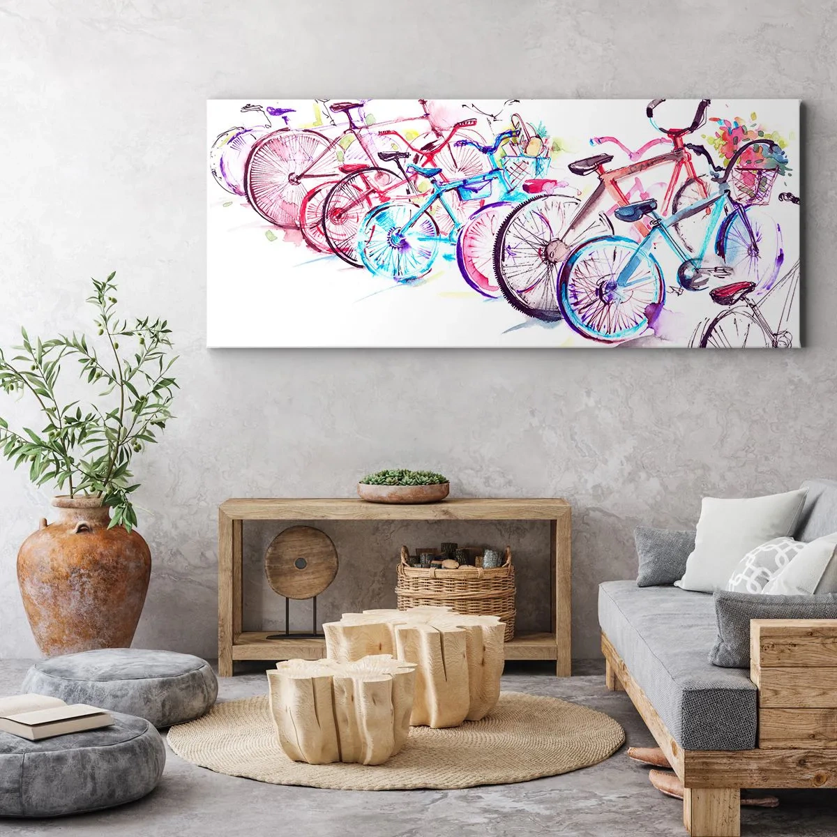 Bild auf Leinwand - Leinwandbild - Bunte Fahrräder im künstlerischen Aquarell-Stil - 160x50cm - Kongress des Antimoto-Clubs - Moderne Wanddekoration für Wohnzimmer und Schlafzimmer ARTTOR