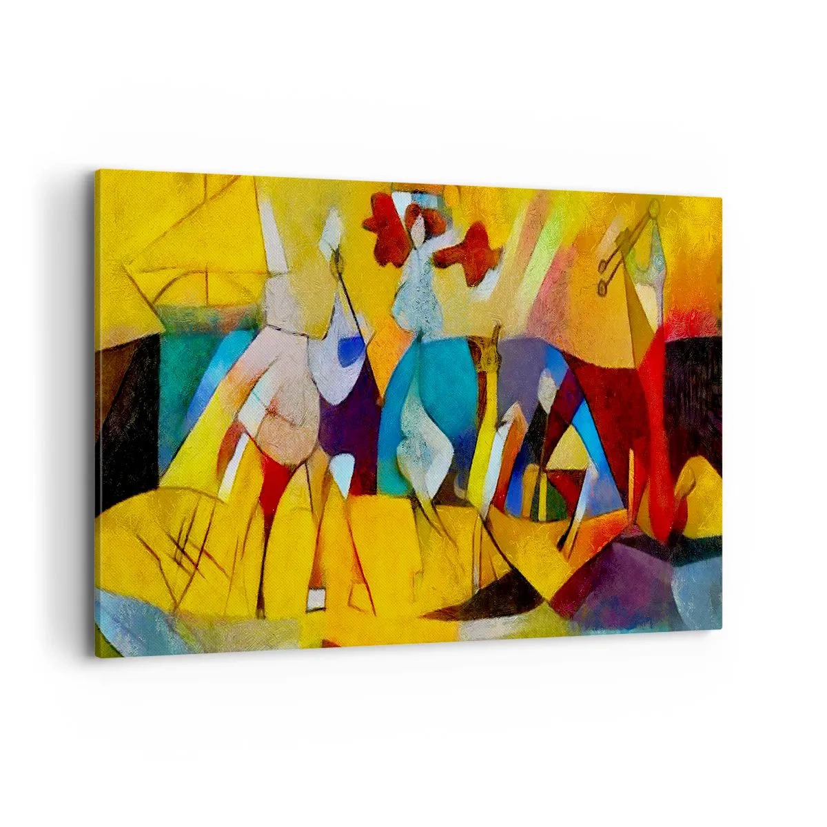 Bild auf Leinwand - Leinwandbild - Eine farbenfrohe Abstraktion, die Figuren in geometrischer Form darstellt - 120x80cm - Sonne - Leben - Freude - Moderne Wanddekoration für Wohnzimmer und Schlafzimmer ARTTOR