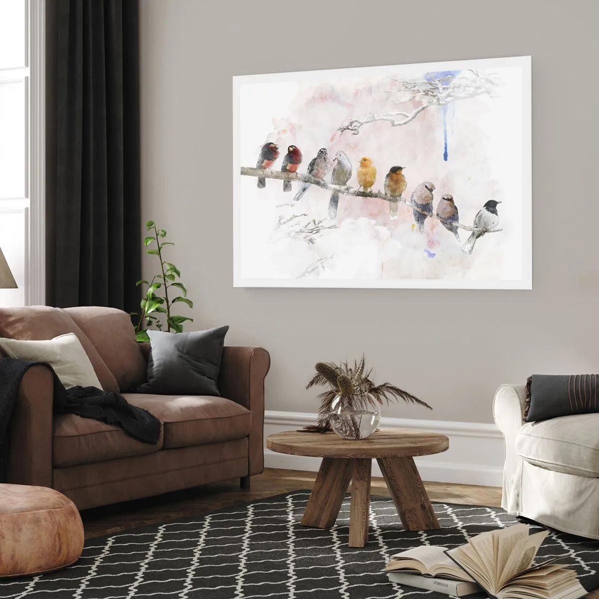Poster - Bunte Vögel auf einem Ast im Aquarellstil - 100x70cm - Geflügeltes Treffen - Moderne Wanddekoration für Wohnzimmer und Schlafzimmer ARTTOR