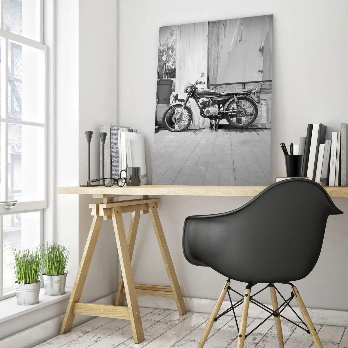 Glasbild - Bild auf glas - Schwarz-Weiß-Foto eines klassischen Motorrads - 80x120cm - Klassik über alles - Moderne Wanddekoration für Wohnzimmer und Schlafzimmer ARTTOR
