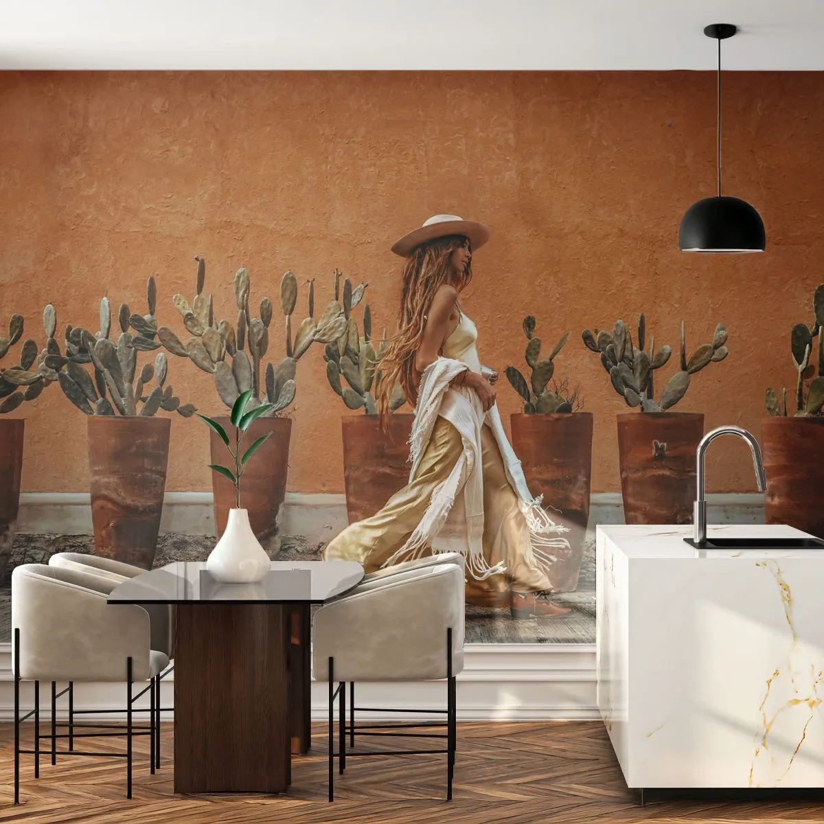 Fototapete Premium Sand - Hippie-Stil - Boho, Frau, Kakteen - 200x140 cm