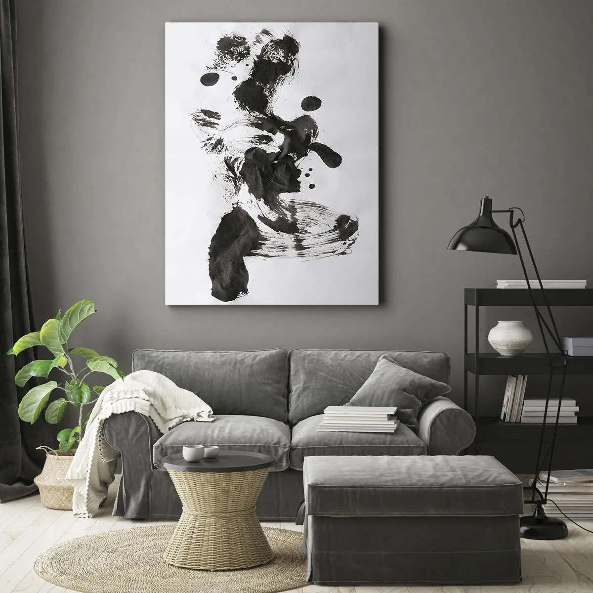 Bild auf Leinwand - Leinwandbild - Abstrakte Komposition aus schwarzen Flecken auf weißem Hintergrund - 50x70cm - Obwohl das Wahnsinn ist, steckt darin eine Methode? - Moderne Wanddekoration für Wohnzimmer und Schlafzimmer ARTTOR