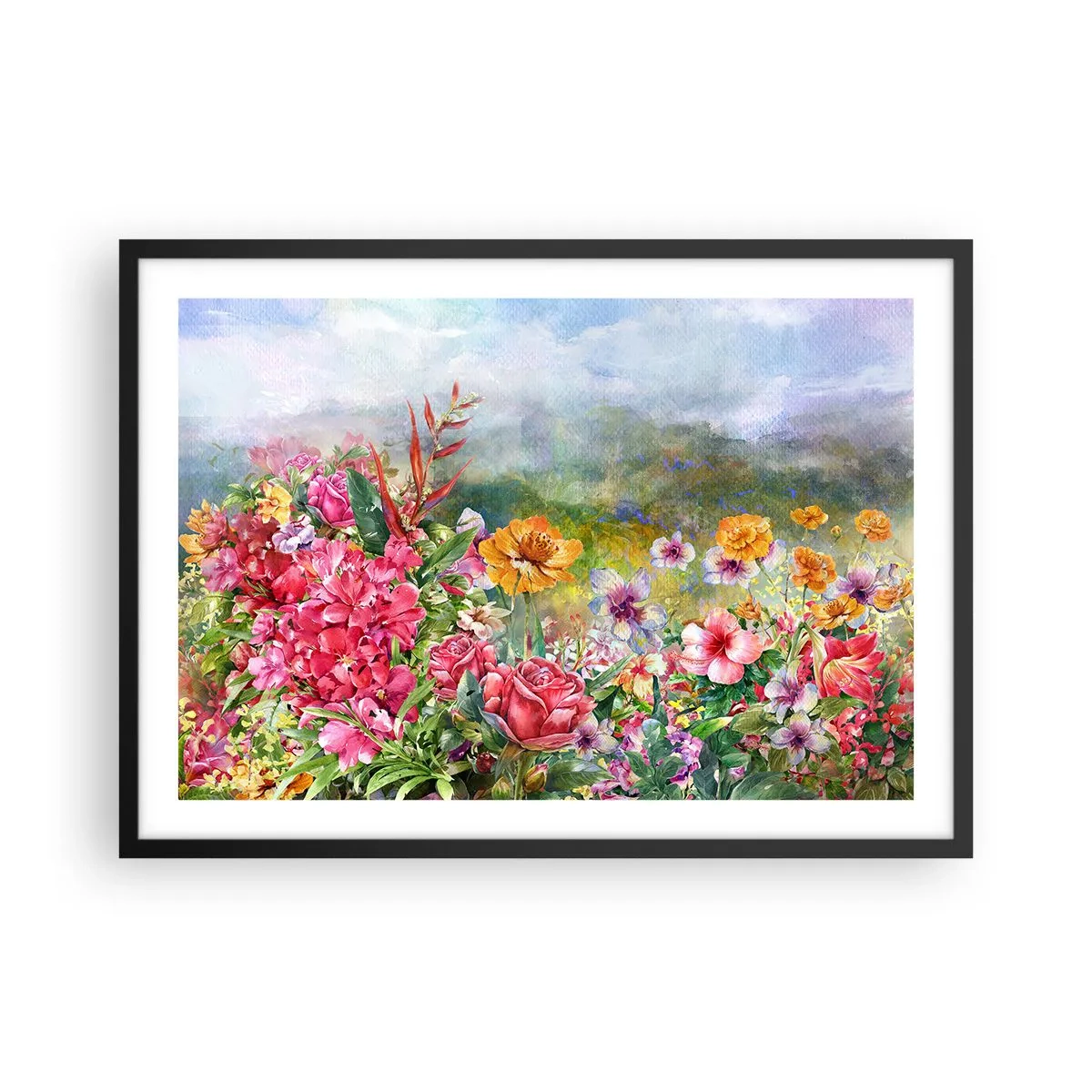 Poster in einem schwarzem Rahmen - Eine farbenfrohe Blumenkomposition vor einem pastellfarbenen Landschaftshintergrund - 70x50cm - Ein Garten, der verrückt geworden ist - Moderne Wanddekoration für Wohnzimmer und Schlafzimmer ARTTOR