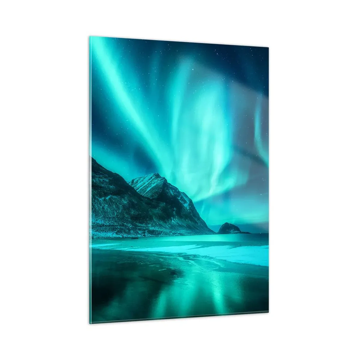 Glasbild - Bild auf glas - Aurora Borealis über einer Berglandschaft und einem gefrorenen Meer - 50x70cm - Wunder des Nordens - Moderne Wanddekoration für Wohnzimmer und Schlafzimmer ARTTOR