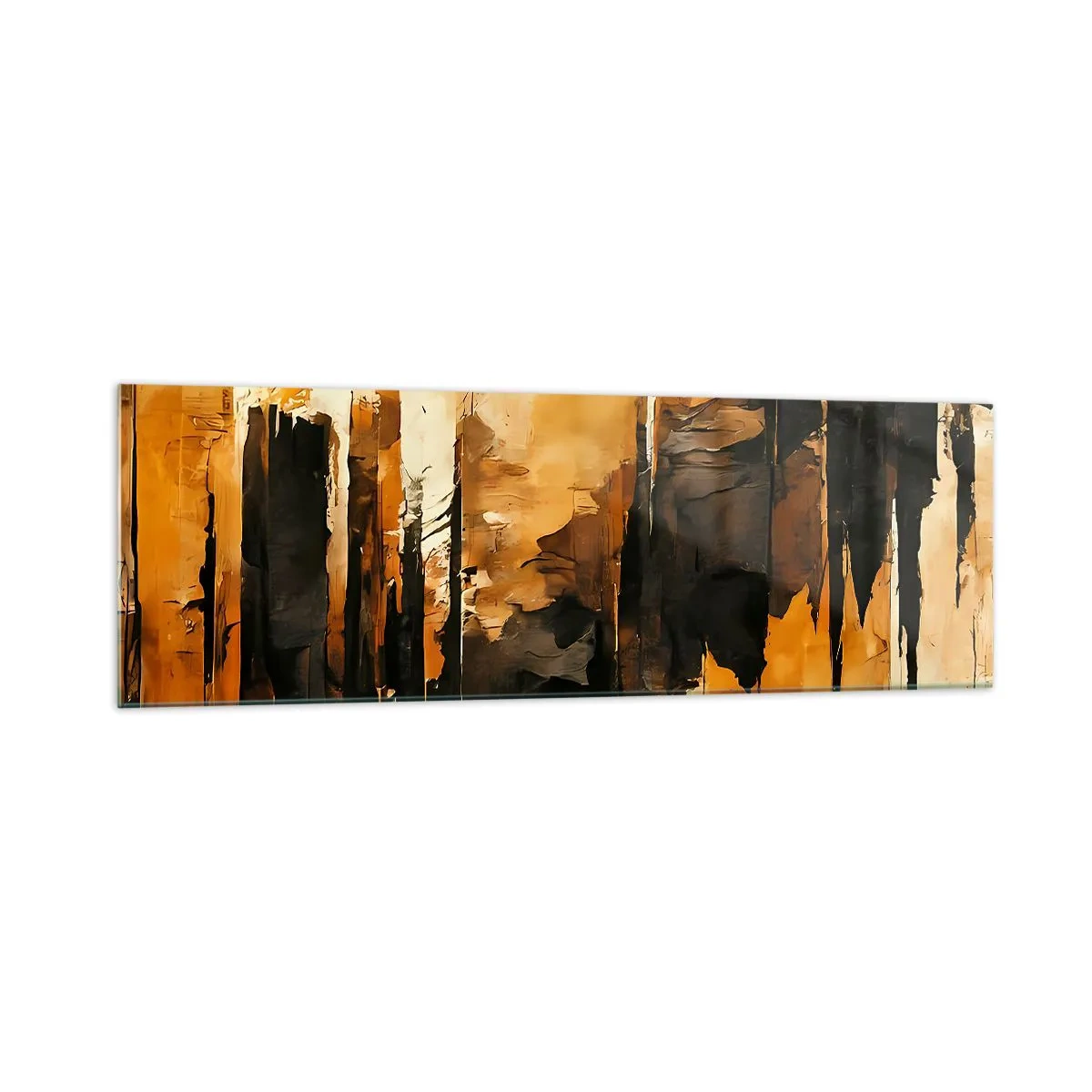 Glasbild - Bild auf glas - Abstrakte goldene und schwarze Streifen in einer künstlerischen Komposition - 160x50cm - Harmonie von Schwarz und Gold - Moderne Wanddekoration für Wohnzimmer und Schlafzimmer ARTTOR