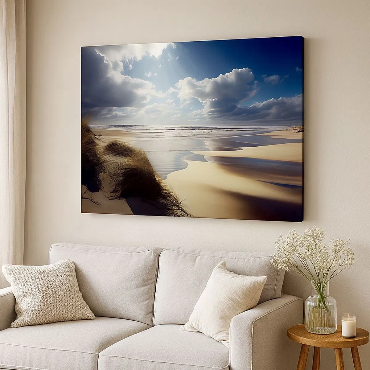 Bild auf Leinwand - Leinwandbild - Ein wilder Strand mit Dünen und blauem Himmel - 70x50cm - Strand, wilder Strand - Moderne Wanddekoration für Wohnzimmer und Schlafzimmer ARTTOR