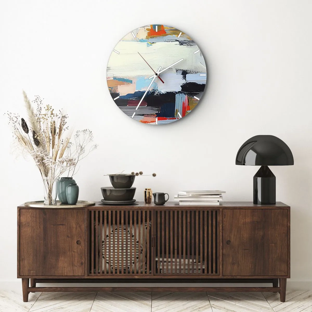 Wanduhr - Glasuhr - Eine abstrakte Komposition aus bunten Punkten und geometrischen Streifen. - 30x30cm - Gibt es eine Methode? - Moderne Wanddekoration für Wohnzimmer, Küche und Schlafzimmer ARTTOR