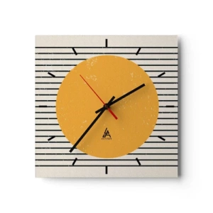 Wanduhr - Glasuhr - Ein gelber Kreis auf einem Hintergrund aus schwarzen und weißen horizontalen Linien - 30x30cm - Die Kraft der Einfachheit - Moderne Wanddekoration für Wohnzimmer und Schlafzimmer ARTTOR